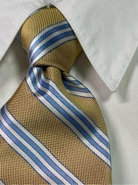 NWOT! Brooks Brothers Stain Resistant Silk Gold w/Blue & Silver Stripes Tie 58”